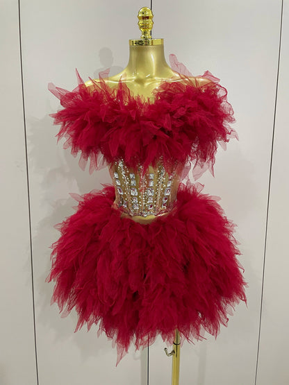 2025Women Sexy Backless Strap Mesh Fluffy Skirt 2 Pieces Diamond Sequins Stage Performance Costume Birthday Party Shooting Dress