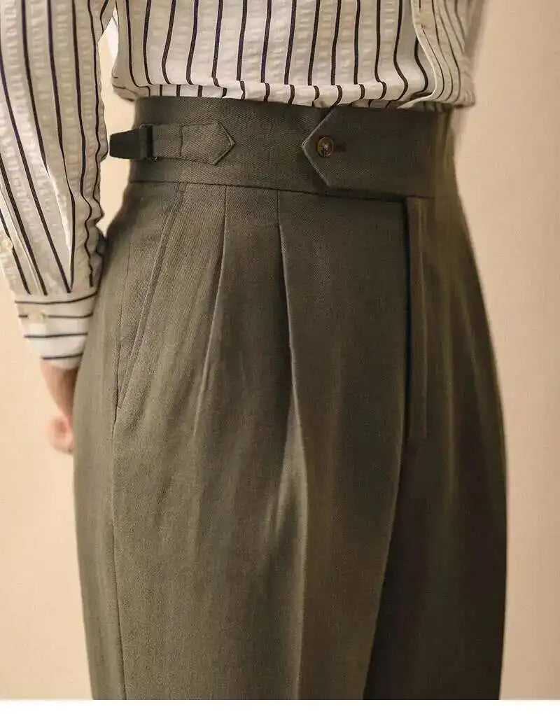 Linen Straight Pant For Men 2024 Summer Business Gentleman Naples Pant Paris Buckle Drape High Waisted Trousers Men Formal Pant