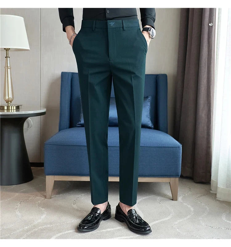 Autumn Mens Fashion Embroidered Trousers Korean Business Dress Solid Suit Pant Formal Office Social Slim Fit Casual Suit Pants