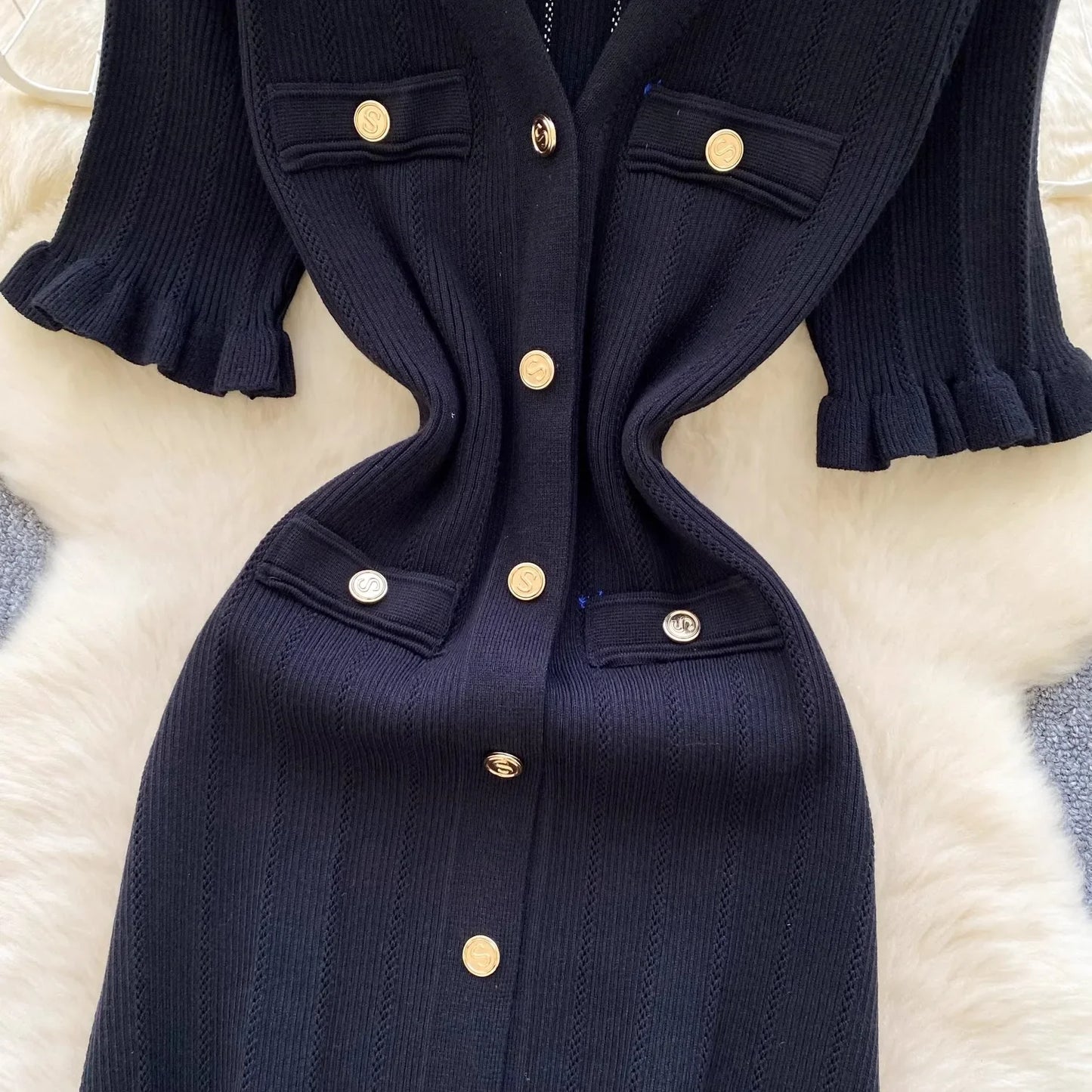 Brand Fashion Vintage Knitted Long Dress Spring Summer Women Elegant V-neck Ruffled Bodycon Sweater Dress Party Vestido
