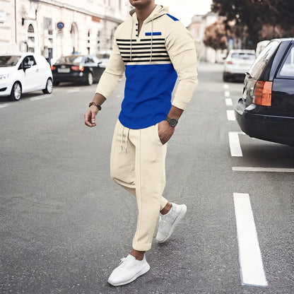 New Men's Waffle Casual Set Outdoor Four Seasons Versatile Trendy Stripe Color blocked Hoodie, Casual Pants Two Piece Set