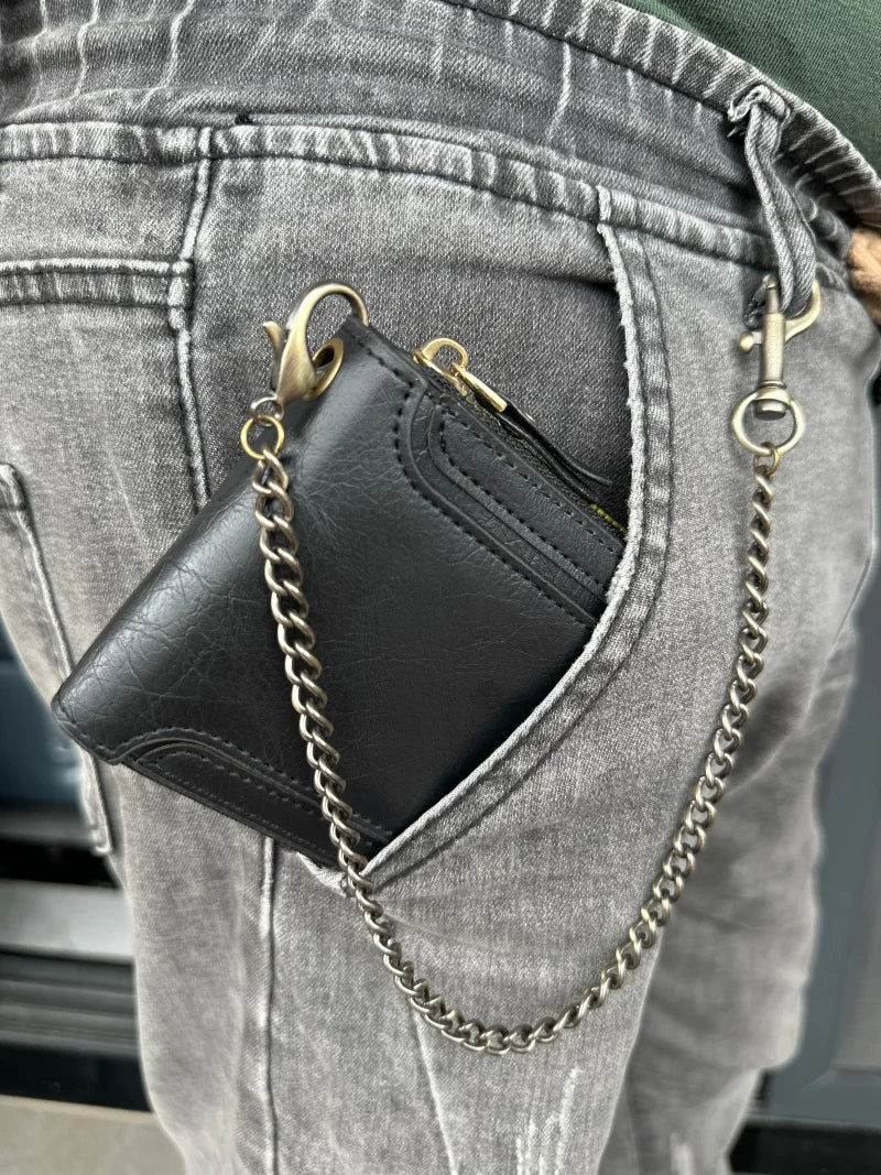 Men's Pu Leather Bi-Fold Wallet with Chain, Multiple Card Slots and Cash Compartment, Secure Snap Closure - Father's Day Gift, Gift for Dad/Husband/Boyfriend, Black Wallet, Travel Accessory, Classic Design, High-Quality Mater
