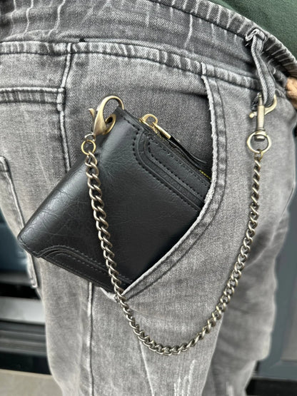 Men's Pu Leather Bi-Fold Wallet with Chain, Multiple Card Slots and Cash Compartment, Secure Snap Closure - Father's Day Gift, Gift for Dad/Husband/Boyfriend, Black Wallet, Travel Accessory, Classic Design, High-Quality Mater