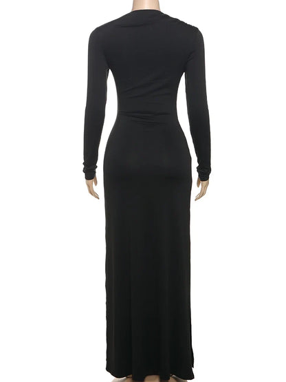 Ruched Elegant Maxi Dress Women Daily Casual Fashion Skinny Full Sleeve Solid Gown Midnight Prom Party Long Bodycon