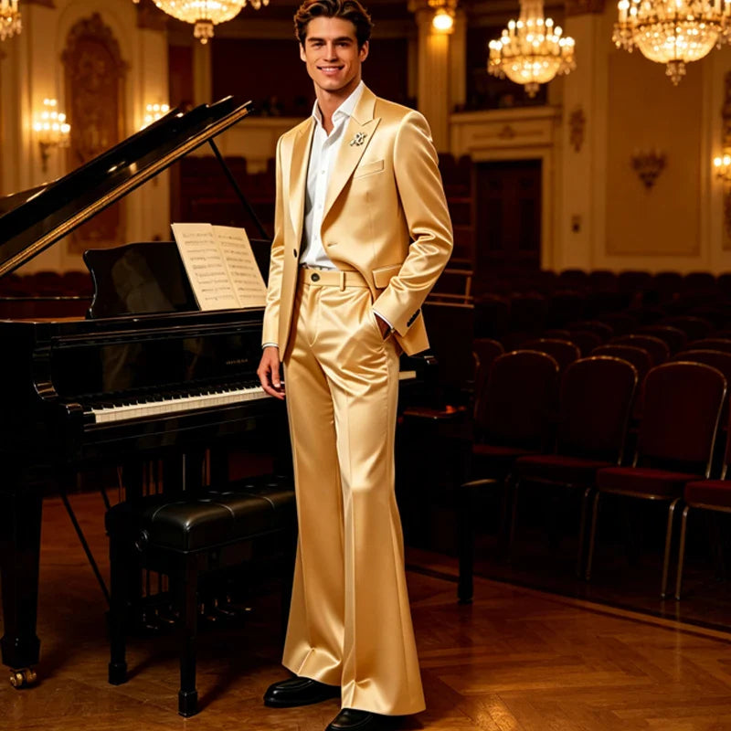 Luxury Men's Shiny Satin Suit 2 Piece Notch Lapel 1 button Jacket Wide Leg Flared Pants Wedding Groom Tuxedo Formal Party