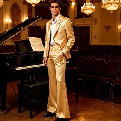Luxury Men's Shiny Satin Suit 2 Piece Notch Lapel 1 button Jacket Wide Leg Flared Pants Wedding Groom Tuxedo Formal Party