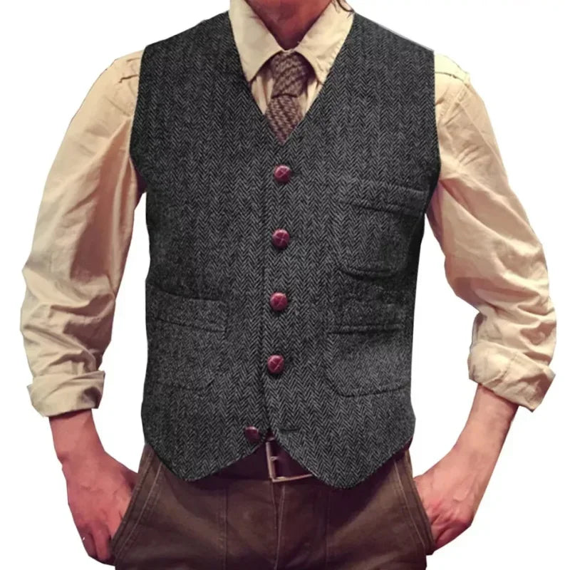 Herringbone Men Vest Dark Green Tweed Slim Casual Business Waistcoat For Wedding Party Banquet Work Prom Set Men Suit