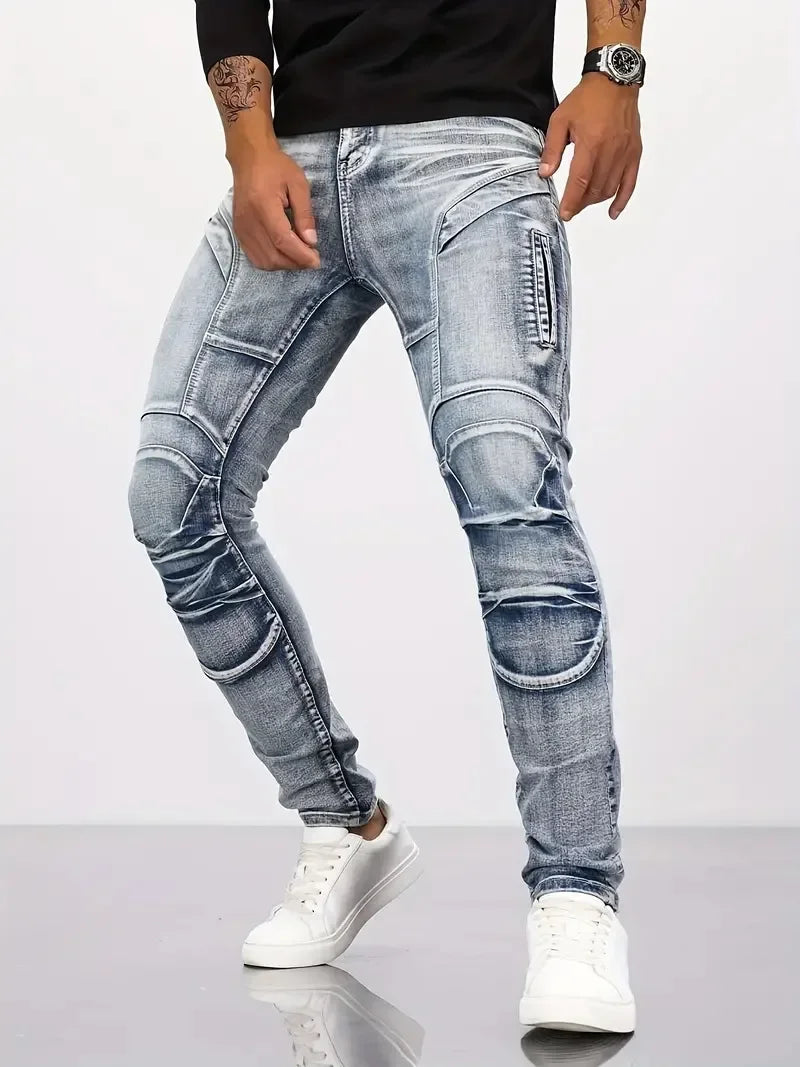 Two tone distressed patchwork jeans for men trendy jeans for summer thin straight leg pants slim fit small leg distressed jeans