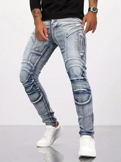 Two tone distressed patchwork jeans for men trendy jeans for summer thin straight leg pants slim fit small leg distressed jeans
