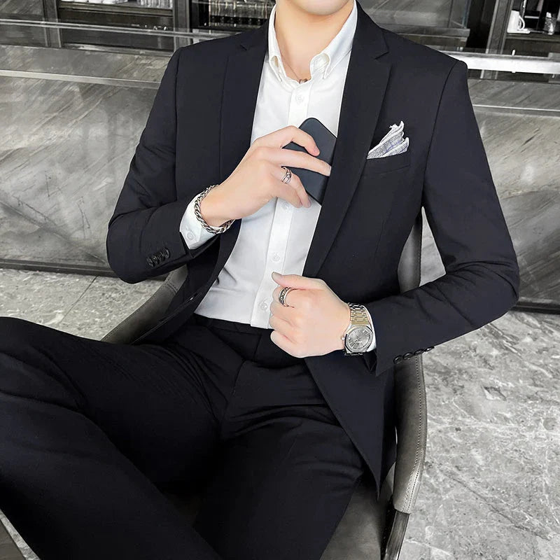 Men's Stylish Handsome Solid Color Suit Two-Piece Set M-4XL High Quality Formal Casual Banquet Fit Trousers Included