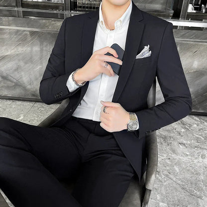 Men's Stylish Handsome Solid Color Suit Two-Piece Set M-4XL High Quality Formal Casual Banquet Fit Trousers Included