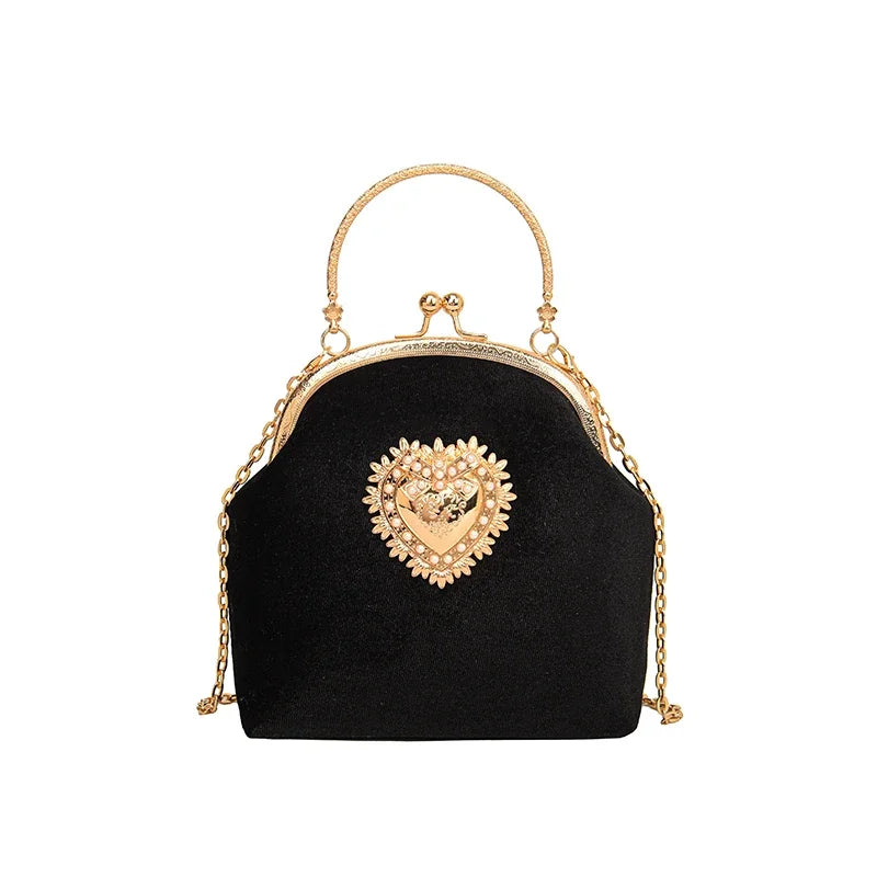 Chains Velvet Frame Heart Dinner Hand Bags Diamonds High Quality Shoulder and Crossbody Bags for Women 2024 Fashion Hot Sale