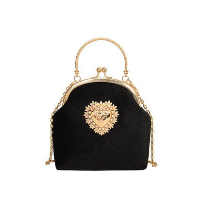 Chains Velvet Frame Heart Dinner Hand Bags Diamonds High Quality Shoulder and Crossbody Bags for Women 2024 Fashion Hot Sale