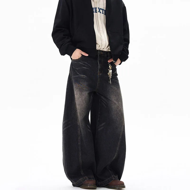 Spring New Men'S Jeans Wide Leg Pants Loose Machete Jeans Vintage Lightning Cracked Denim Trousers