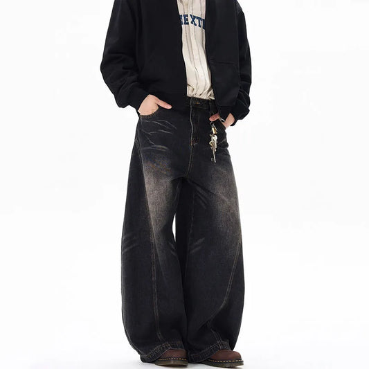 Spring New Men'S Jeans Wide Leg Pants Loose Machete Jeans Vintage Lightning Cracked Denim Trousers