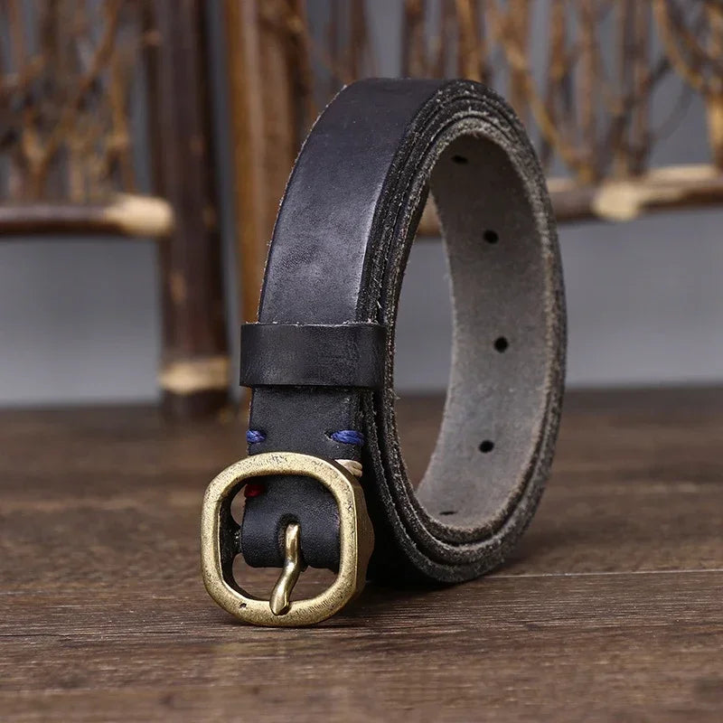 2.3CM Ladies Pure Cowhide Copper Buckle Genuine Leather Casual Jeans Thin Belt Women High Quality Retro Luxury Female Waistband