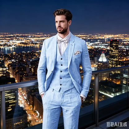 3 Piece Blue/Beige Linen Men's Slim Fit Suits Notch Lapel Blazer Summer Wedding Groom Tuxedos for Prom Party (Jacket+Vest+Pant)