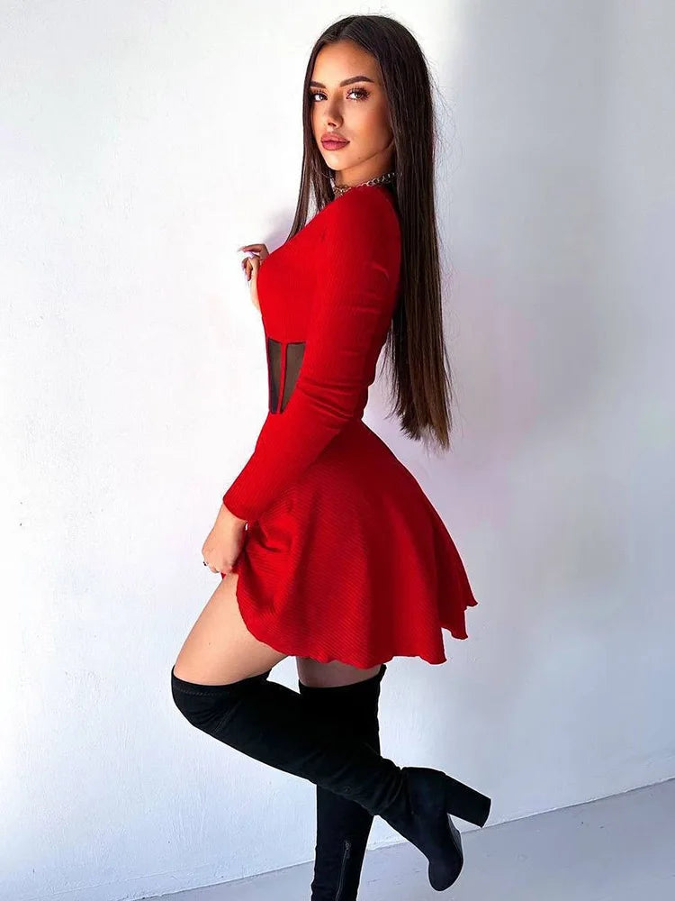 Fashion Solid Women's Mini Dresses A-Line Knitted Sheer Slim Fit Long Sleeves Bodycon O-Neck Party Streetwear Vestidos