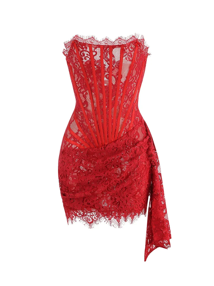 Christmas Dress For Women Red Lace Sexy Strapless Sleeveless Slim Supper Short Dress With Lace-Up