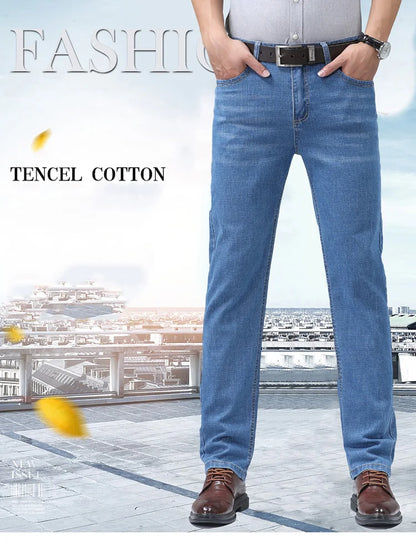 2025 New Light Blue Men's Comfort Soft Jeans Fashion Straight Business Pants Cotton Soft Casual Stretch Denim Trousers 28-40