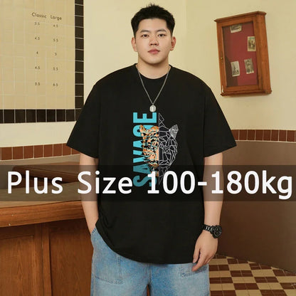 Men T-shirt Printed Tee Plus Size 110-180kg 5XL 6XL 7XL Black T Shirts Round Neck Short Sleeve Oversized Tops Big Size Clothing