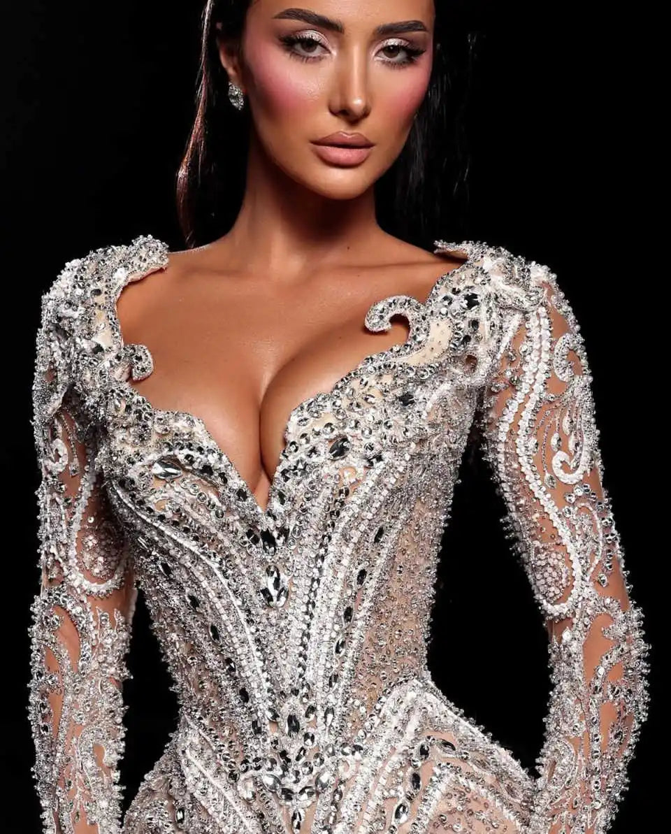 Luxurious V Neck Prom Dresses Long Sleeve Lace Crystal Evening Dress Flare Pants Jumpsuits Celebrity Party Gown