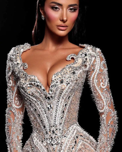 Luxurious V Neck Prom Dresses Long Sleeve Lace Crystal Evening Dress Flare Pants Jumpsuits Celebrity Party Gown