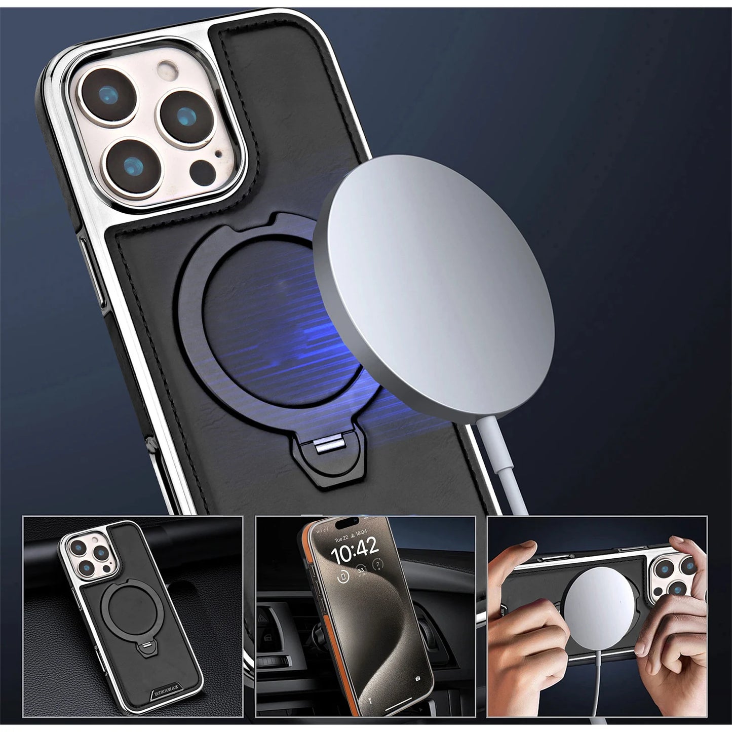 360 Rotating Bracket Luxury Magnetic Leather Phone Case For iPhone 16 17 Pro Max 15 14 13 12 Magsafe Wireless Charging Cover