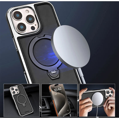 360 Rotating Bracket Luxury Magnetic Leather Phone Case For iPhone 16 17 Pro Max 15 14 13 12 Magsafe Wireless Charging Cover