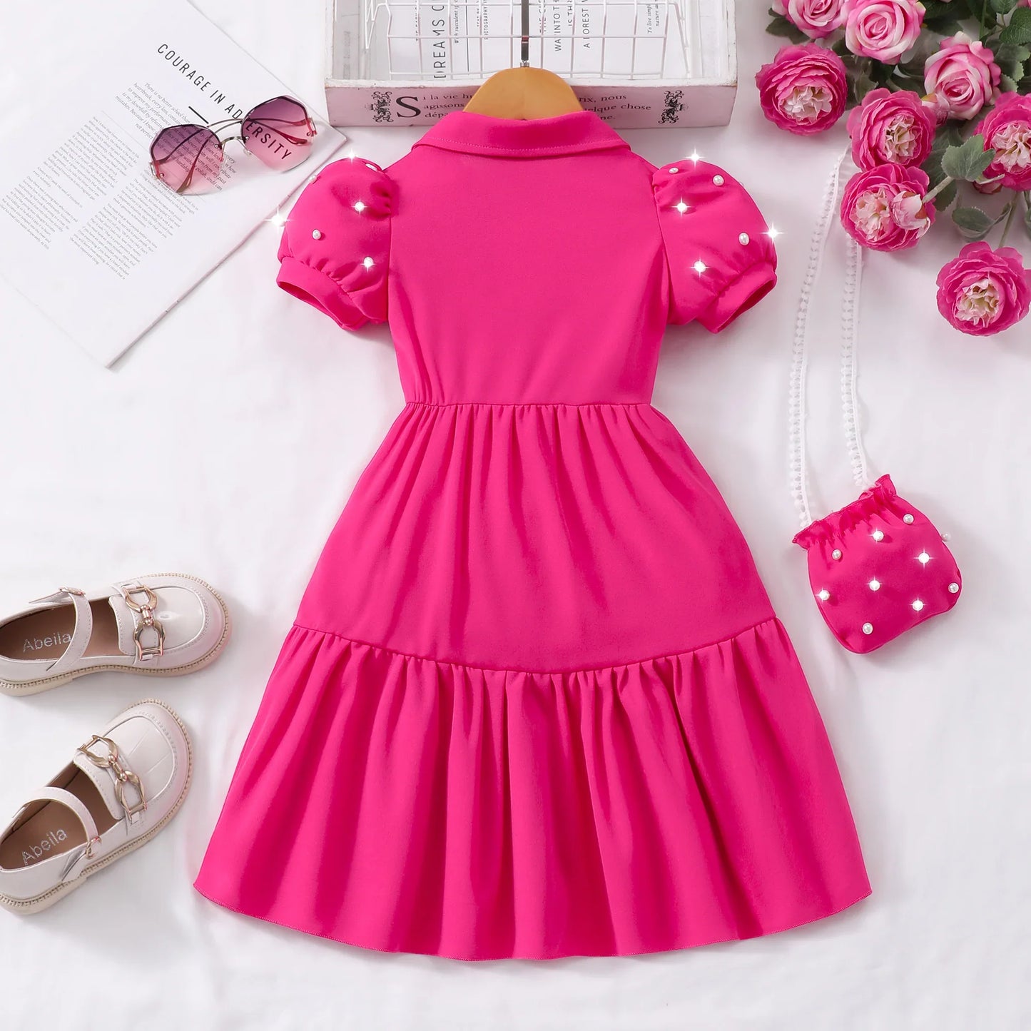 【Free Bag】 Toddler Girl Dress Summer Pearl Casual Cute Children Princess Dresses Birthday Party Kids Girls Dress 3 4 5 6 7 Yrs