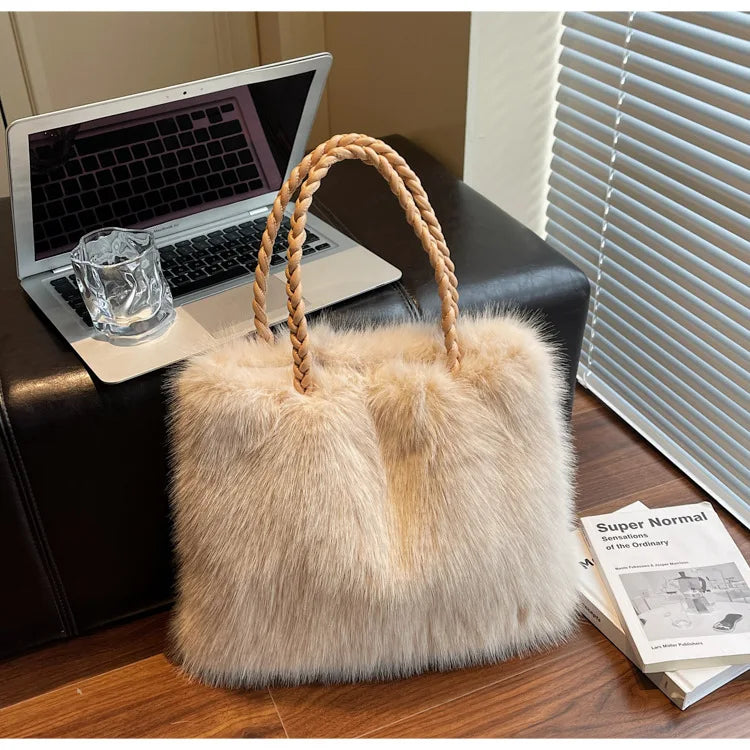 Fashion Women Furry Shoulder Bag Large Capacity Tote Handle Bag for Autumn Winter Outing Commuter Texture Versatile Storage Bags