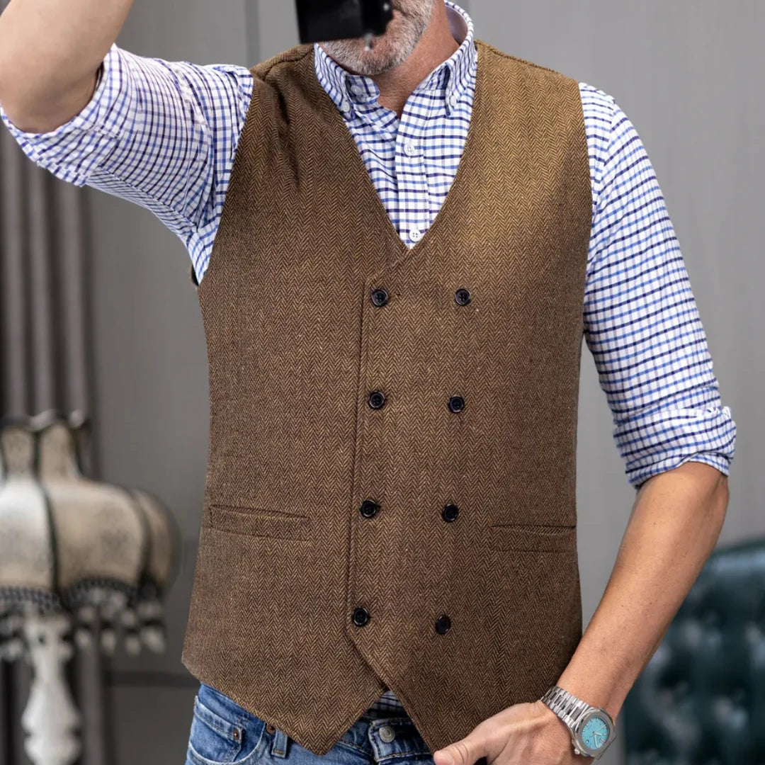 Men Vest Brown Herringbone Double Button Waistcoat For Wedding Birthday Banquet Party Business Office Work Men Suit Vest