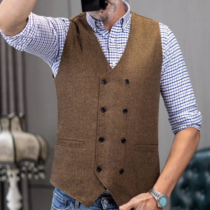 Men Vest Brown Herringbone Double Button Waistcoat For Wedding Birthday Banquet Party Business Office Work Men Suit Vest