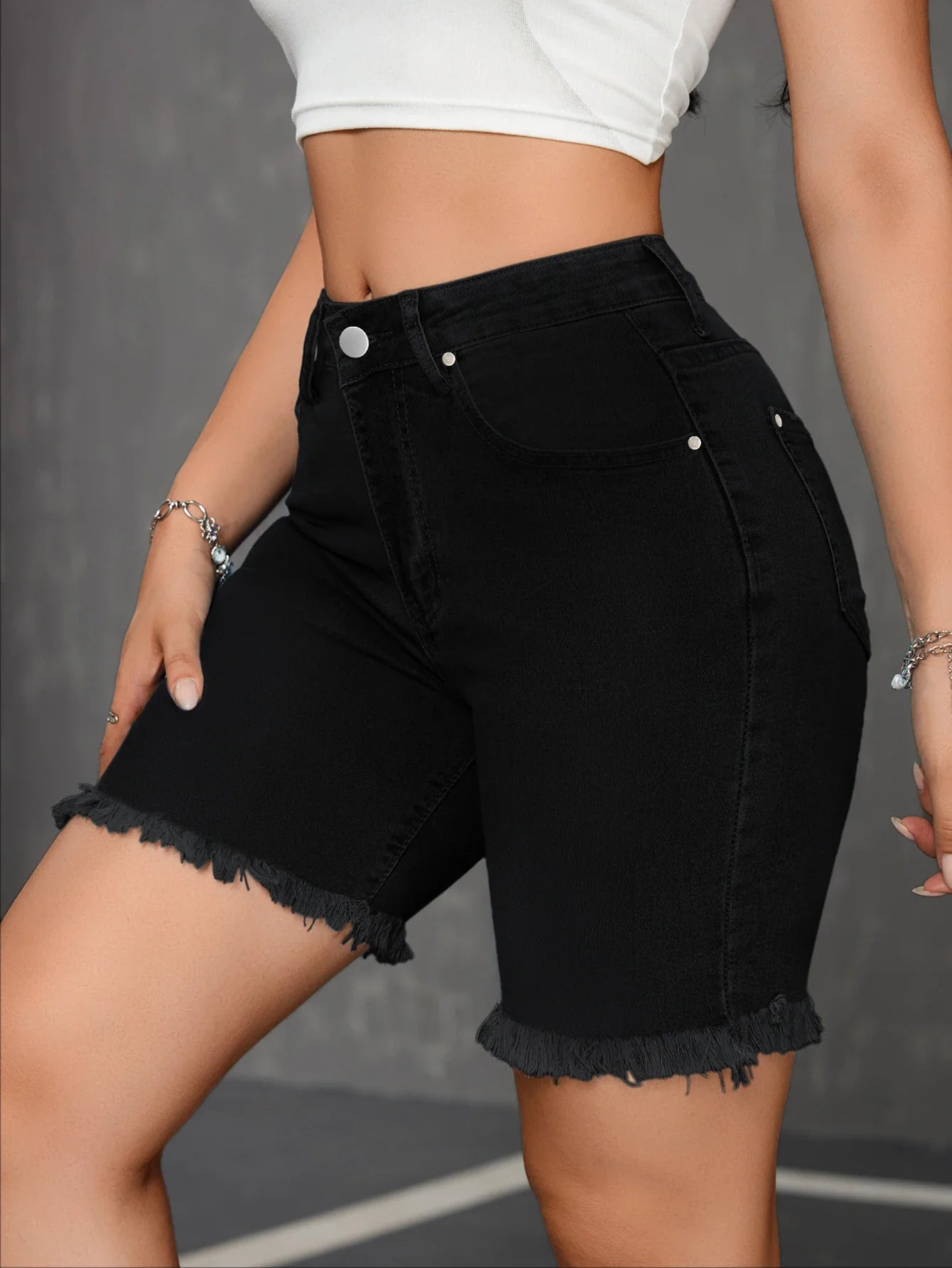 Women's Black Denim Bermuda Shorts High Waist  Rivet Buttons Design 5 Inch Knee Length Casual Summer Streetwear Jean Shorts