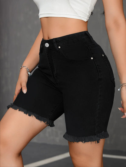 Women's Black Denim Bermuda Shorts High Waist  Rivet Buttons Design 5 Inch Knee Length Casual Summer Streetwear Jean Shorts