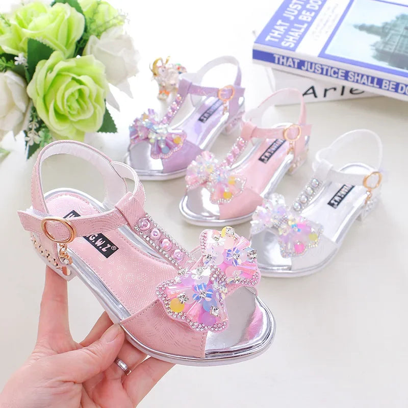 Girls Dance Shoes Non-slip Soft Sole Kids Princess Shoes T-strap Open Toes 2025 Summer New Children Sandals Sweet Bows Non-slip