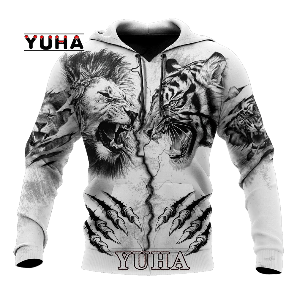Spring and Autumn Tiger Lion Tattoo 3D Printed Men's Hoodie Unisex Harajuku Fun Hip Hop Sweatshirt Street Essential Oversized