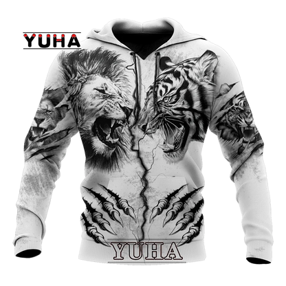 Spring and Autumn Tiger Lion Tattoo 3D Printed Men's Hoodie Unisex Harajuku Fun Hip Hop Sweatshirt Street Essential Oversized