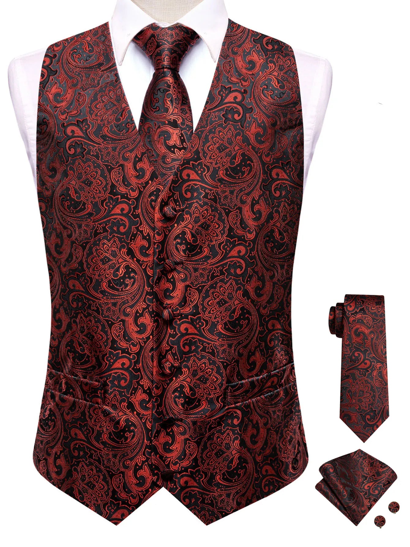 Formal Rose Pattern Paisley Plain Solid Mens Vest Party Wedding Waistcoat Pocket Square Tie  Hankie Suit Set