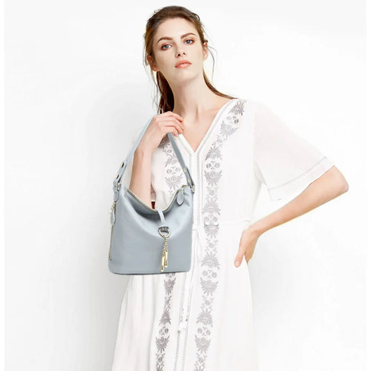 Elegant Blue Women Shoulder Bag 100% Genuine Leather White Hobos Handbag Lady Messenger Purse Charm Lock Decoration Red