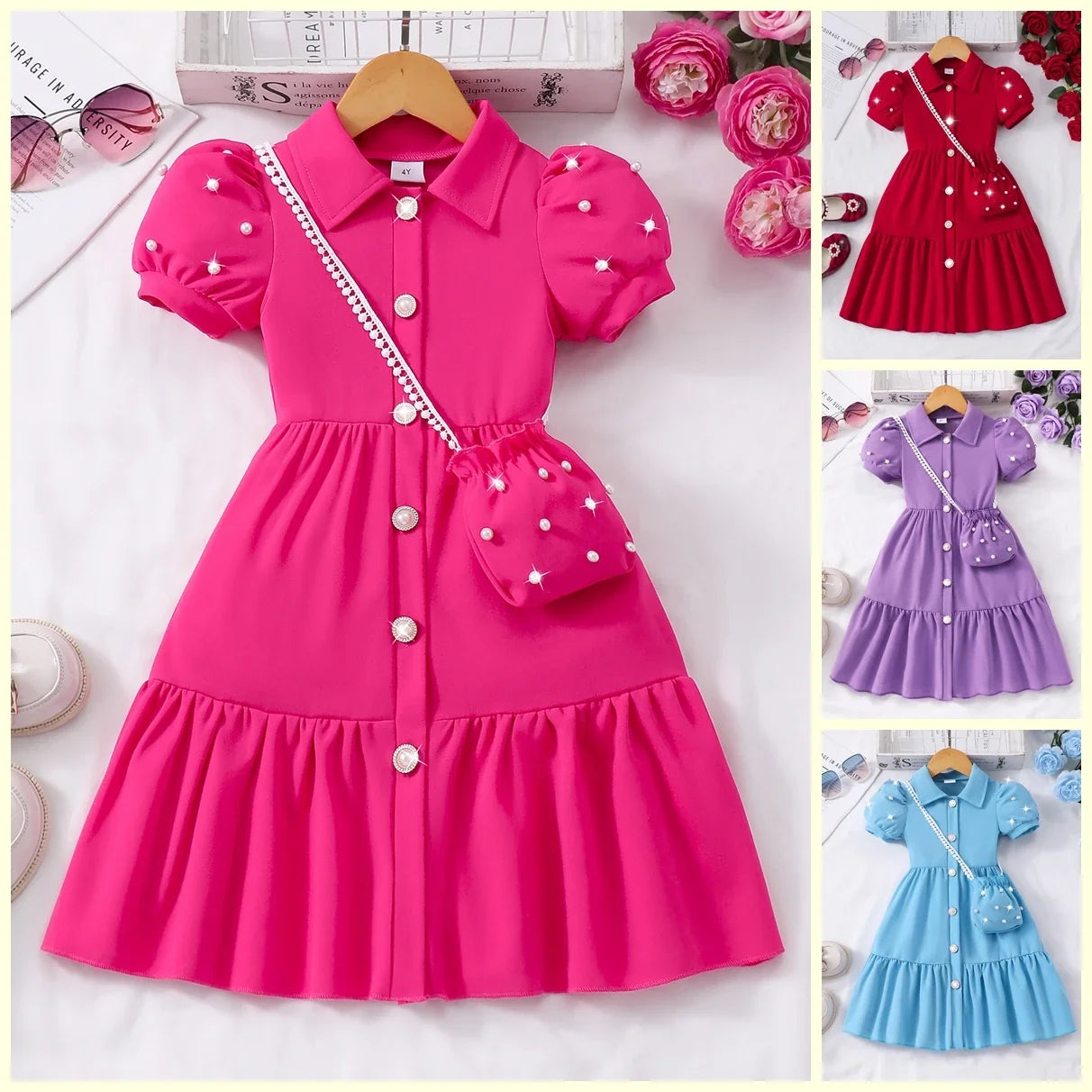 【Free Bag】 Toddler Girl Dress Summer Pearl Casual Cute Children Princess Dresses Birthday Party Kids Girls Dress 3 4 5 6 7 Yrs