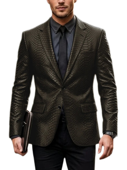 Men's Luxury Crocodile Pattern Leather Blazer Slim Fit Two Button Notch Lapel Suit Jacket Business Casual Wedding Tuxedo Dress