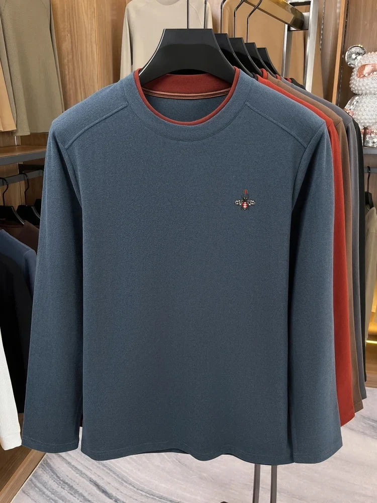 High end brand velvet long sleeve T-shirt men's autumn new fashion Korean bee embroidery comfortable warm round neck pullover