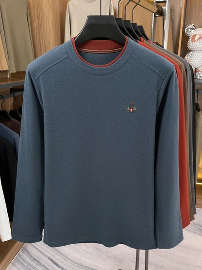 High end brand velvet long sleeve T-shirt men's autumn new fashion Korean bee embroidery comfortable warm round neck pullover