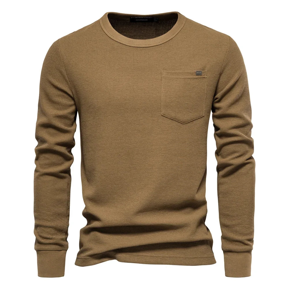 Men's Waffle Cotton Long Sleeve T-Shirt - Solid Color Single Pocket Design, Autumn Basic Breathable Top for Casual Outfits