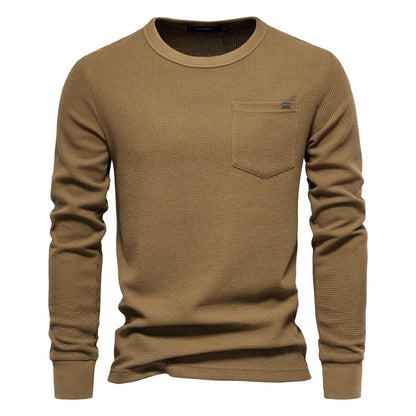 Men's Waffle Cotton Long Sleeve T-Shirt - Solid Color Single Pocket Design, Autumn Basic Breathable Top for Casual Outfits
