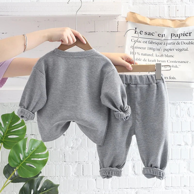 Spring Autumn Children Clothes Baby Boys Cotton Solid Waffle Sweatshirt + Pants 2Pcs Set Toddler Fashion Costume Kids Tracksuits