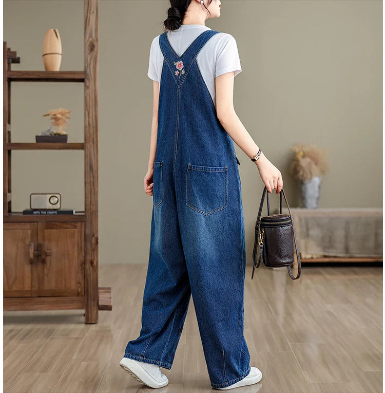 Spring 2025 New Vintage Large Size Loose Embroidered Denim Overalls High Waist Long Pants Women's Faion Casual Jeans