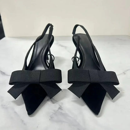Black Velvet Butterfly-knot Designer Heeled Sandals Women Sexy Pointed Toe Slingbacks Women Pumps Elegant Party Dress High Heels