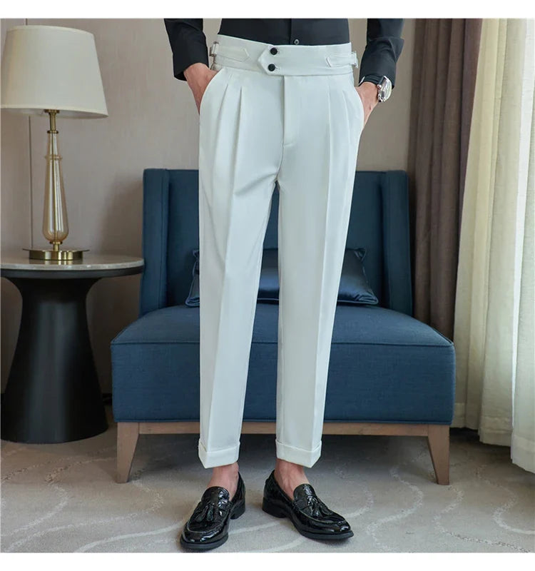 British Style Autumn New High Waist Trousers Men Belt Design Slim Fit Suit Pants Office Social Wedding Party Formal Pants Hommes